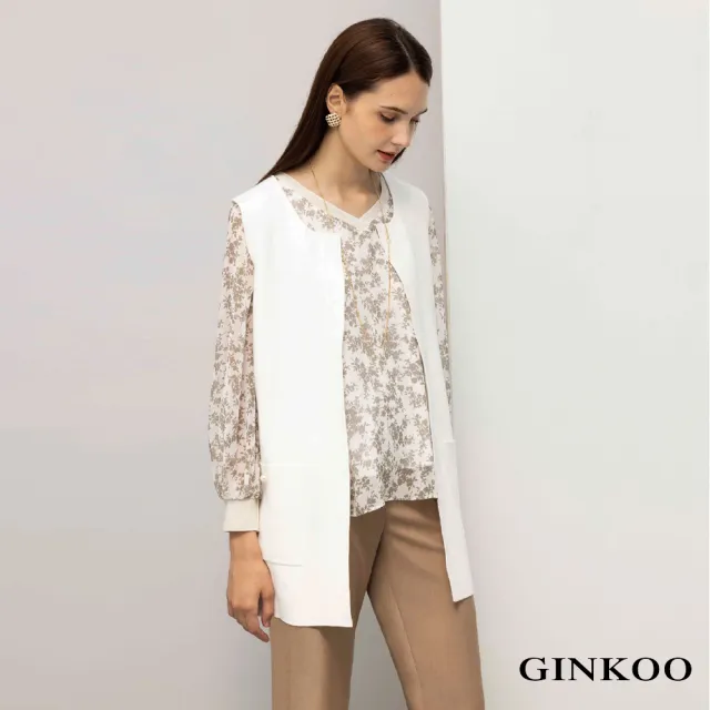 【GINKOO 俊克】V領羅紋金蔥雪紡印花上衣