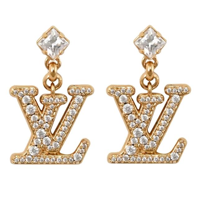 LV LOUIS VUITTON路易威登 M01844 Lady 經典品牌水鑽 LOGO 針式耳環