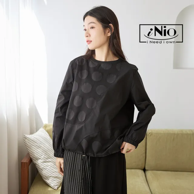 【iNio 衣著美學】長袖上衣 現貨 圓紋拼接 圓領 長袖棉T CDW1751