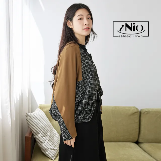 【iNio 衣著美學】長袖外套 現貨 千鳥格紋拼接 雙開拉鍊 長袖外套 CDW4713