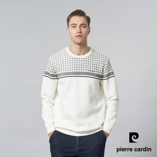 pierre cardin 皮爾卡登 商務休閒 男款 圓領定位橫條長袖上衣-米白色(5245211-91)