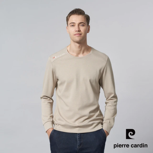 pierre cardin 皮爾卡登 商務休閒 男款 素色圓領長袖上衣-淺卡其色(5245260-82)