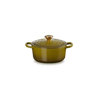 【Le Creuset】典藏琺瑯鑄鐵鍋圓鍋18cm(橄欖綠-金頭-內鍋白)