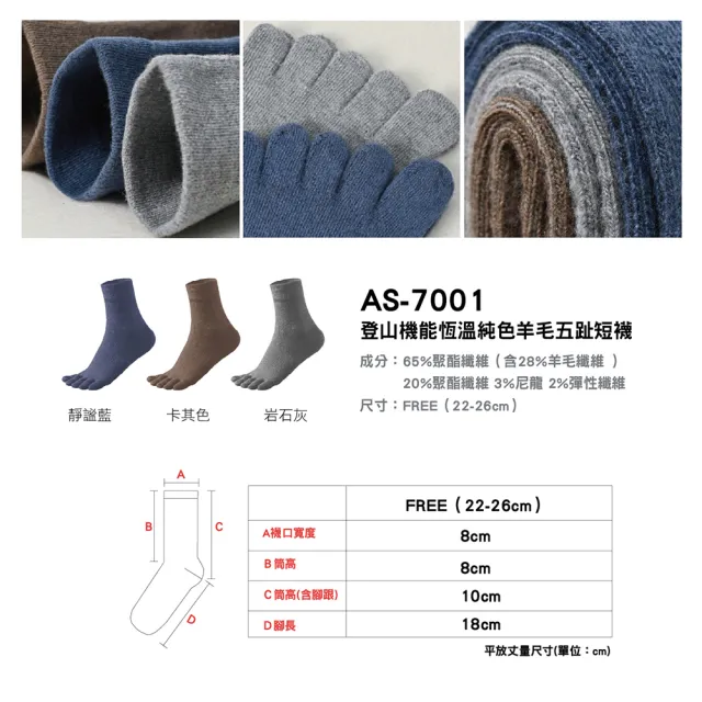 【AREXSPORT】AS-7001 登山機能恆溫純色羊毛五趾短襪(五指襪 羊毛襪 腳踝襪 登山襪 抗寒襪 分趾襪 運動襪)