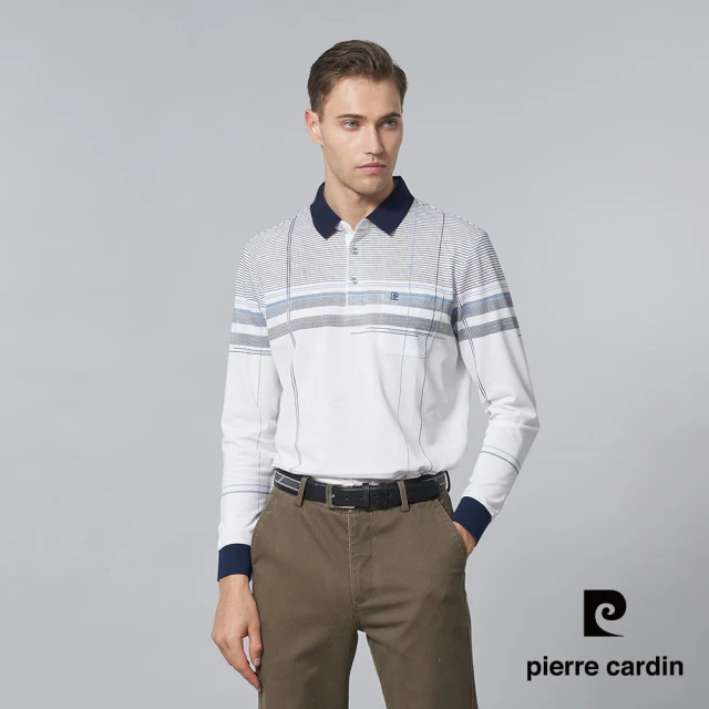 pierre cardin 皮爾卡登 商務休閒 男款 大定位格印花長袖POLO衫-白色(5245262-90)