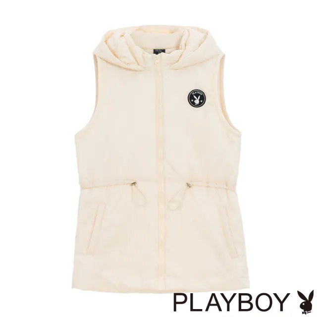 【PLAYBOY】衍縫連帽長版鋪棉背心(白色)