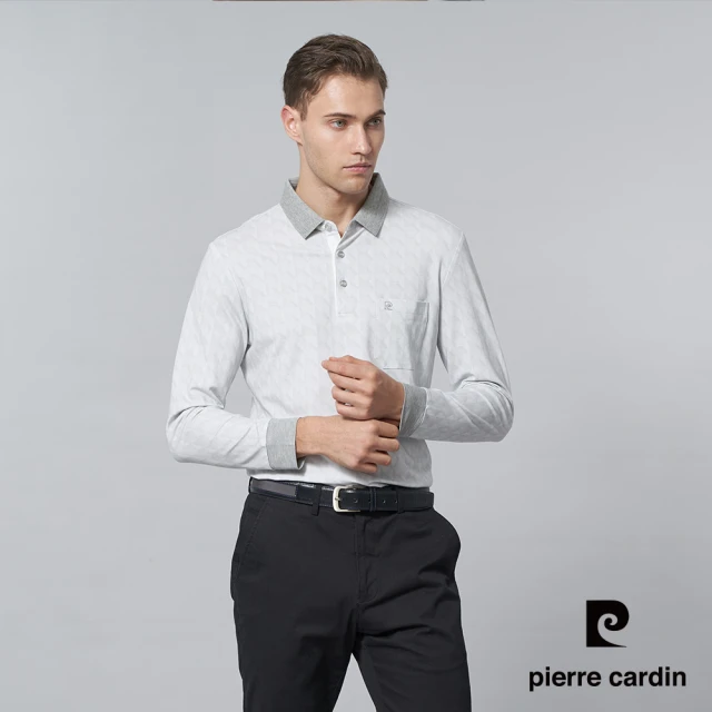 pierre cardin 皮爾卡登 商務休閒 男款 印格紋長袖POLO衫-灰白色(5245205-92)