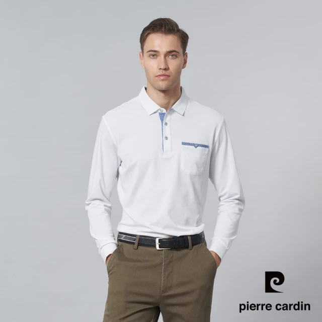 pierre cardin 皮爾卡登 商務休閒 男款 棉質混紡素色長袖POLO衫-白色(5245203-90)