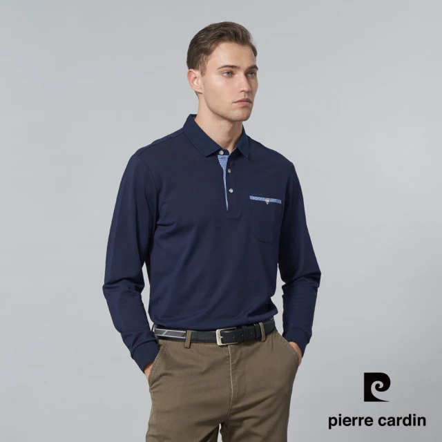 pierre cardin 皮爾卡登 商務休閒 男款 棉質混紡素色長袖POLO衫-深藍色(5245203-38)