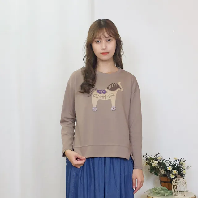 【Hana Mokuba】花木馬日系女裝圓領落肩色塊印花小開叉休閒大學T(T恤)
