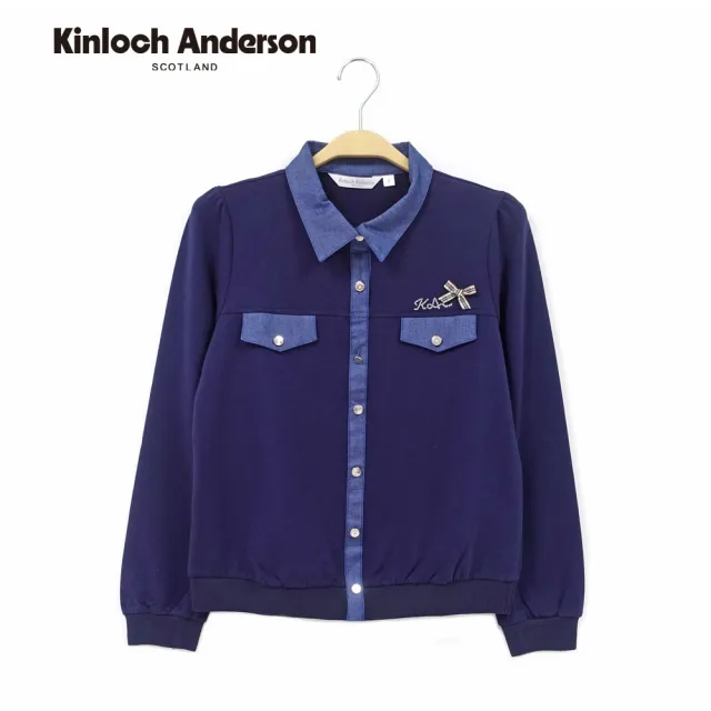 【Kinloch Anderson】金安德森女裝 牛仔拼接襯衫領KA燙鑽造型長袖棉質上衣(KA1363023 藏青/白色)
