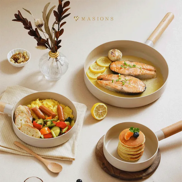 【MASIONS 美心】奶茶咕咕鍋 厚釜輕量鑄造鈦金不沾鍋深型平底鍋(28+16 CM 2件組)