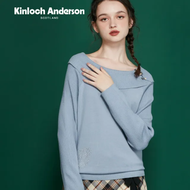 【Kinloch Anderson】金安德森女裝 甜美翻領燙鑽熊頭格紋蝴蝶結造型長袖針織上衣(KA1369039 粉紅/水藍)