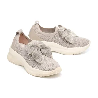 【MELROSE】美樂斯 輕奢閃讚蝴蝶結飛織布拼接牛皮厚底休閒鞋(灰)