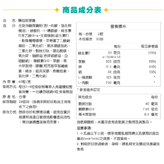 【精益壯】膠囊 60粒/盒 全素可食(鋅、馬卡、L-精胺酸)