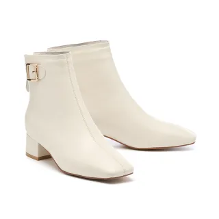 【HELENE_SPARK】別致質感方釦寬帶羊皮方頭高跟短靴(米白)