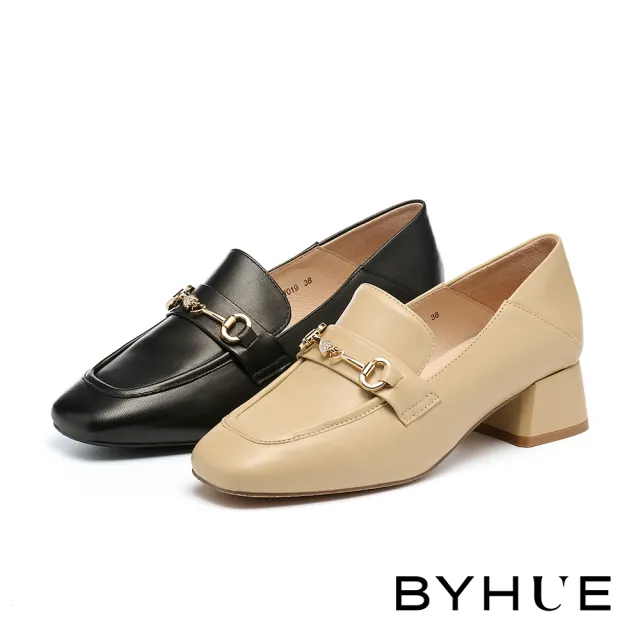 【BYHUE】別致品味晶鑽馬銜釦羊皮軟芯樂福高跟鞋(杏)