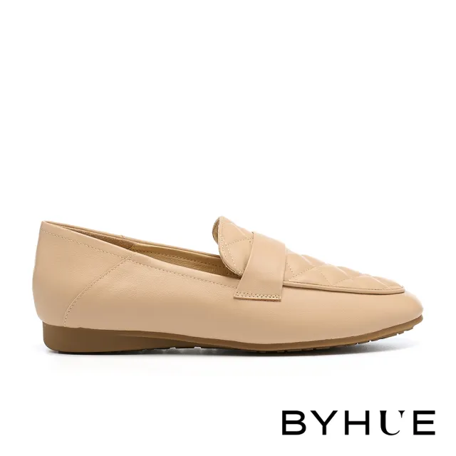 【BYHUE】舒適好感菱格牛皮軟芯微Q底樂福低跟鞋(杏)