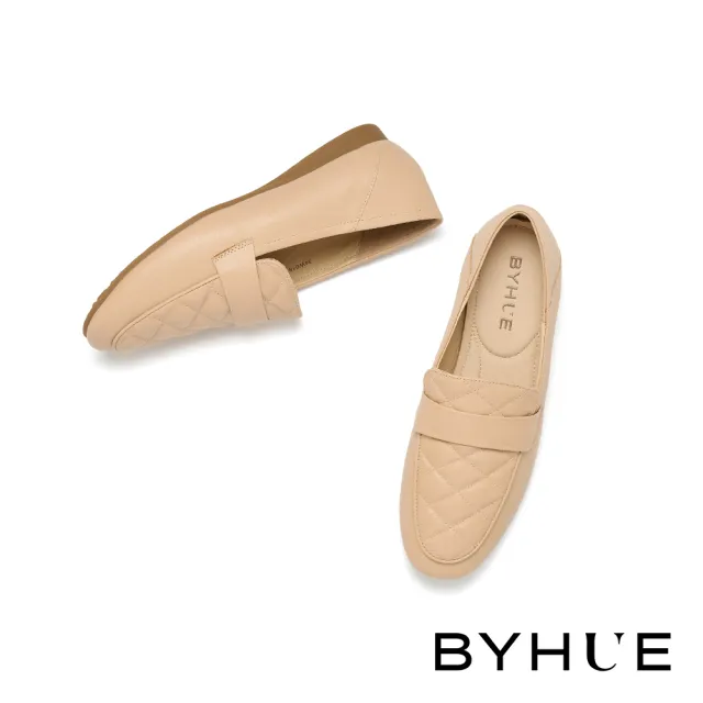 【BYHUE】舒適好感菱格牛皮軟芯微Q底樂福低跟鞋(杏)