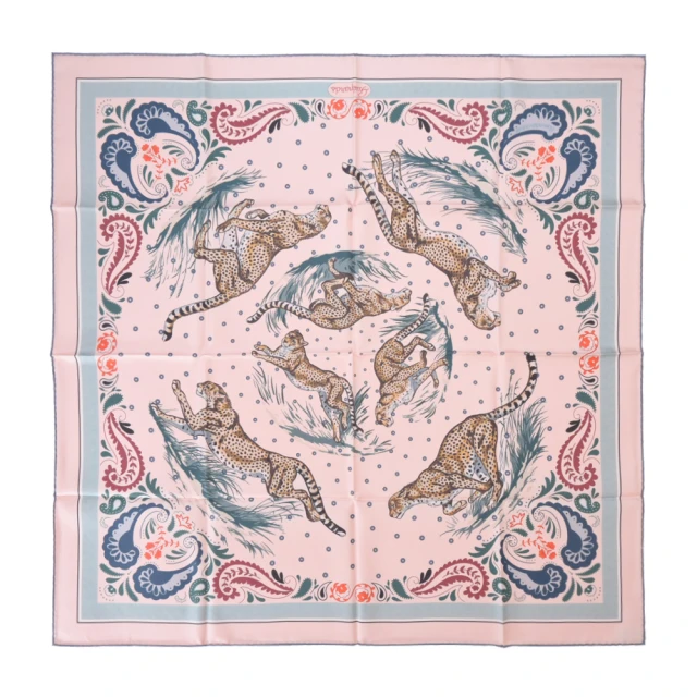 Hermes 愛馬仕 Guepards Bandana 90 手工捲邊斜紋真絲雙面方巾(玫瑰粉/板岩深灰/波爾多紅)