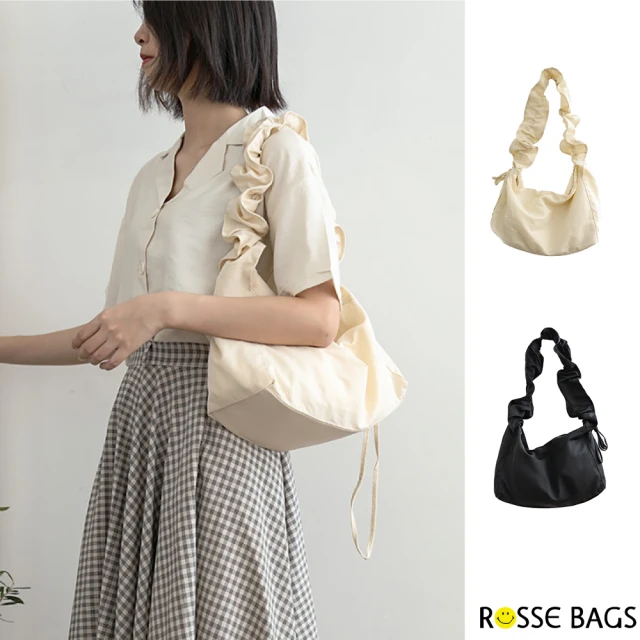 Rosse Bags 輕盈少女感尼龍布褶皺包 手提包 肩背包(米色／黑色)