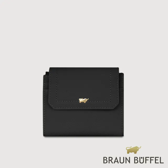 【BRAUN BUFFEL 德國小金牛】珍妮絲 8卡三折短夾-黑色(BF840-414-BK) 錢包送禮推薦
