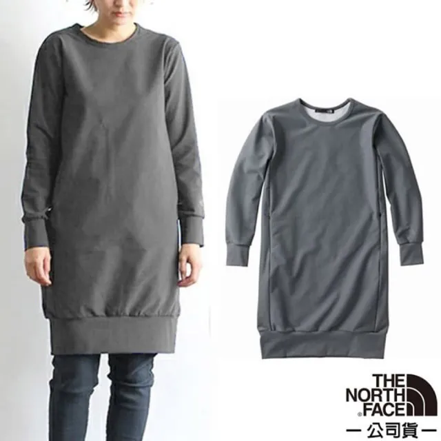 【The North Face】女日本限定款 TRACTION ONEPIECE 舒適透氣圓領長版連身裙上衣(3VAG 灰 V)