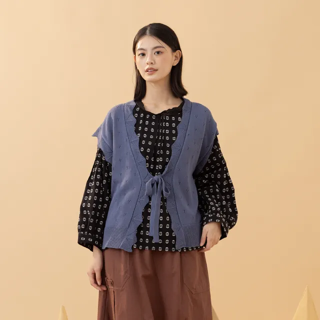 【MOSS CLUB】鏤空勾織花邊綁帶開襟式無袖針織背心(藍 杏 黃/魅力商品)