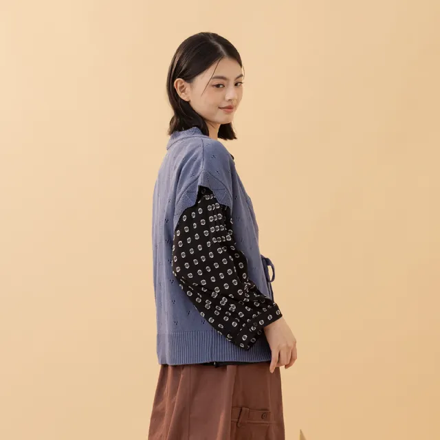 【MOSS CLUB】鏤空勾織花邊綁帶開襟式無袖針織背心(藍 杏 黃/魅力商品)