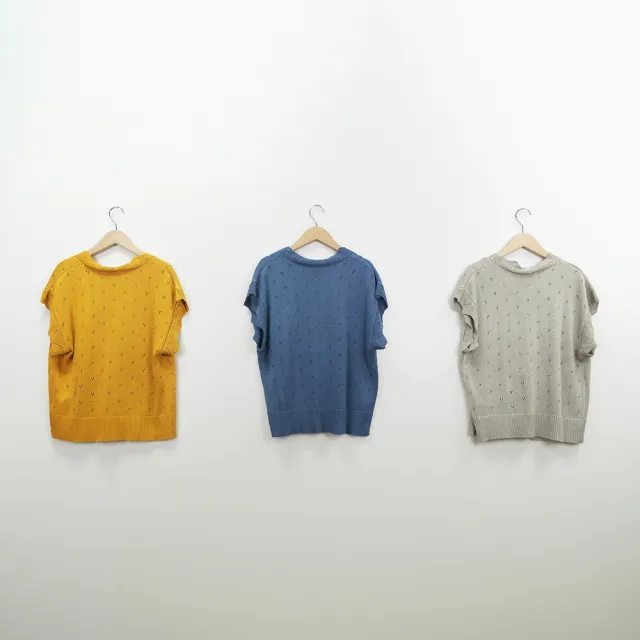 【MOSS CLUB】鏤空勾織花邊綁帶開襟式無袖針織背心(藍 杏 黃/魅力商品)