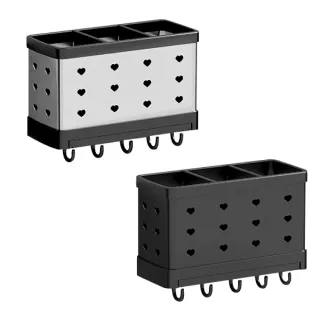 【新錸家居】免打孔☆大容量分隔餐具筒附掛勾壁掛/桌面(免釘三格筷桶筷子籠鍋鏟湯勺刀具置物盒瀝水收納架)