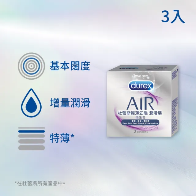 【Durex 杜蕾斯】AIR輕薄幻隱潤滑裝保險套3入/盒(避孕套/衛生套/極致輕薄系列)