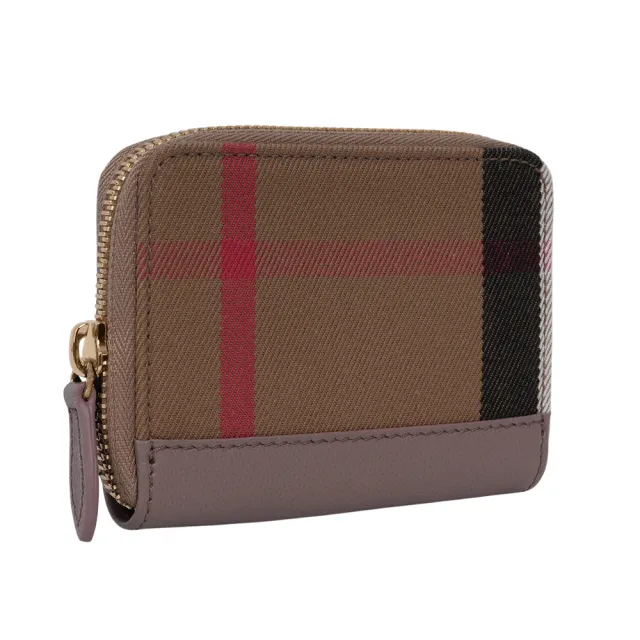 【BURBERRY 巴寶莉】大格紋帆布及牛皮ㄇ形拉鍊零錢包/卡夾包(水貂灰)