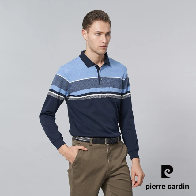 pierre cardin 皮爾卡登 商務休閒 男款 棉質混紡刷磨毛大定位條紋長袖POLO衫-丈青色(5245277-38)