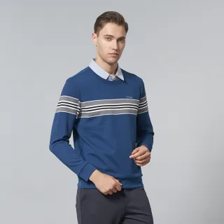 【pierre cardin 皮爾卡登】休閒服飾 男款 棉質混紡印花假兩件襯衫領定位條長袖POLO衫-藍色(5245296-37)