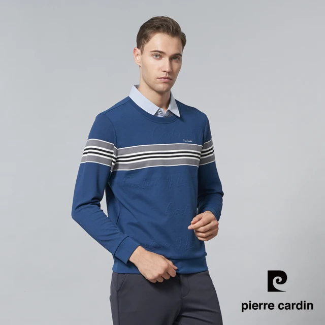 pierre cardin 皮爾卡登 商務休閒 男款 棉質混紡印花假兩件襯衫領定位條長袖POLO衫-藍色(5245296-37)