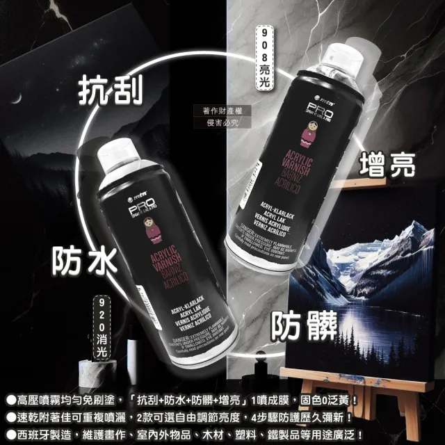 【西班牙MTN蒙大拿】PRO萬用壓克力凡尼斯透明噴式保護噴漆400ml/罐(抗刮防水戶外修繕塗料手工藝品繪畫噴膠)