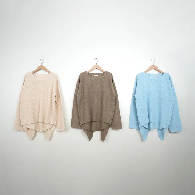 【MOSS CLUB】溫暖系後重疊開衩長袖毛衣(藍 杏 駝/魅力商品)
