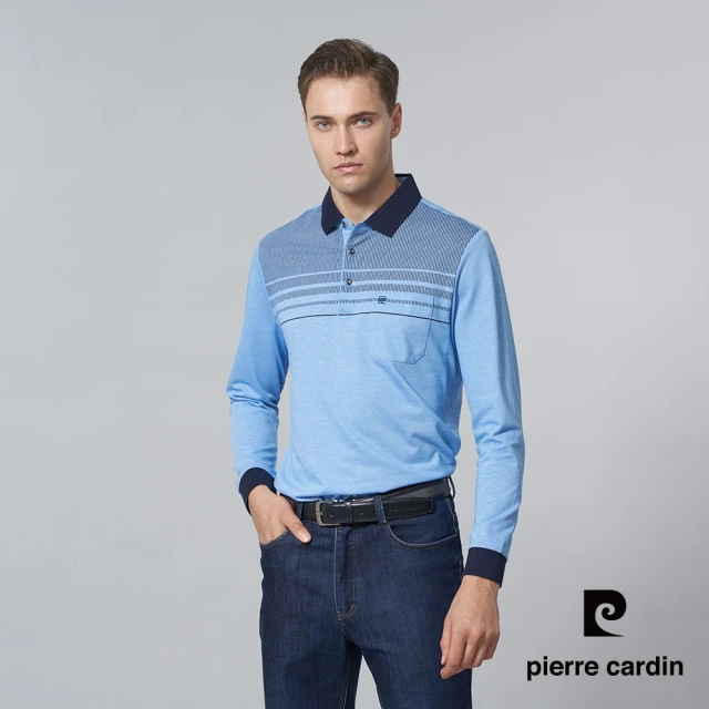 pierre cardin 皮爾卡登 商務休閒 男款 雙色定位印花長袖POLO衫-水藍色(5245266-35)