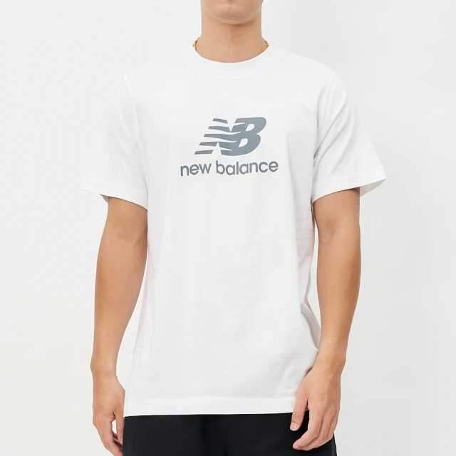 NEW BALANCE 男款 白鐵灰色 LOGO 上衣 純棉 休閒 運動 慢跑 短袖 MT41502WT