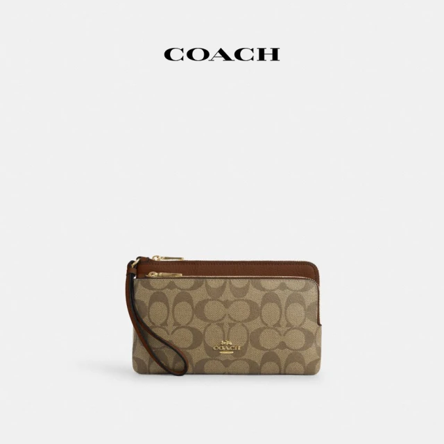 COACH 蔻馳官方直營 經典Logo雙拉鏈錢包-IM/卡其色/馬鞍棕色(CU920)