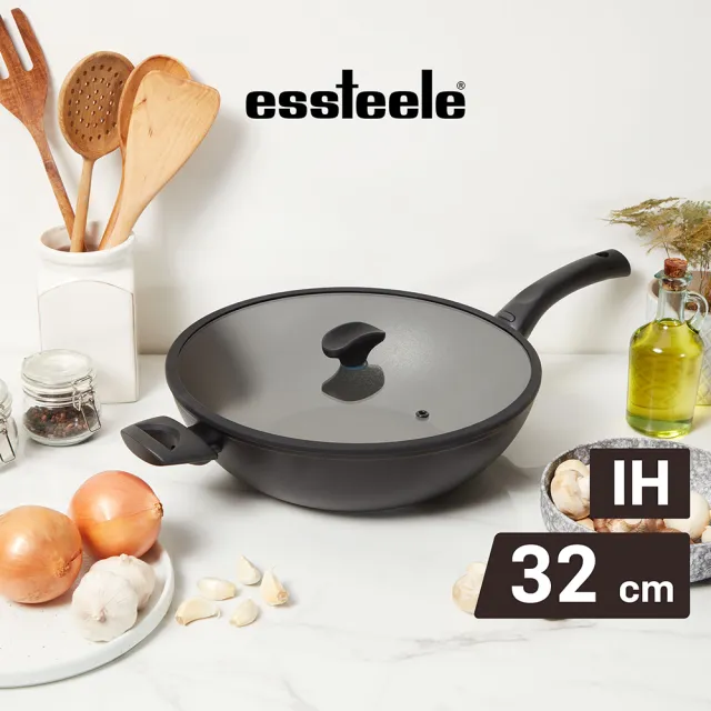 【MEYER 美亞】ESSTEELE意帝斯 智慧感溫手把 鑽石不沾鍋 32cm炒鍋 含蓋(IH/電磁爐適用)