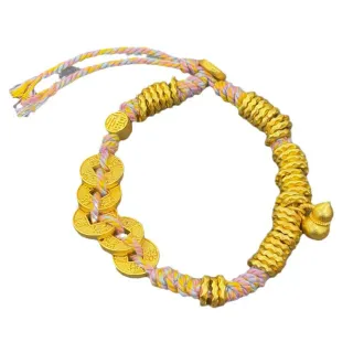 【Jpqueen】古法沙金五帝錢葫蘆招財編織繩手鍊(金色)