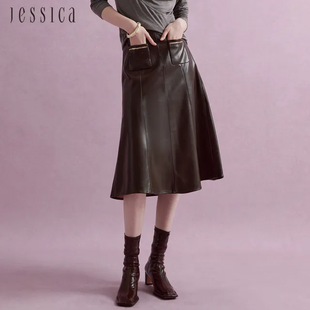 【JESSICA】時尚氣質小口袋設計傘狀仿皮中長裙J44105