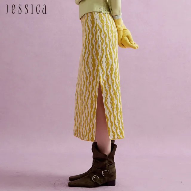 【JESSICA】亮麗獨特條紋羊毛針織開岔長裙J44D00