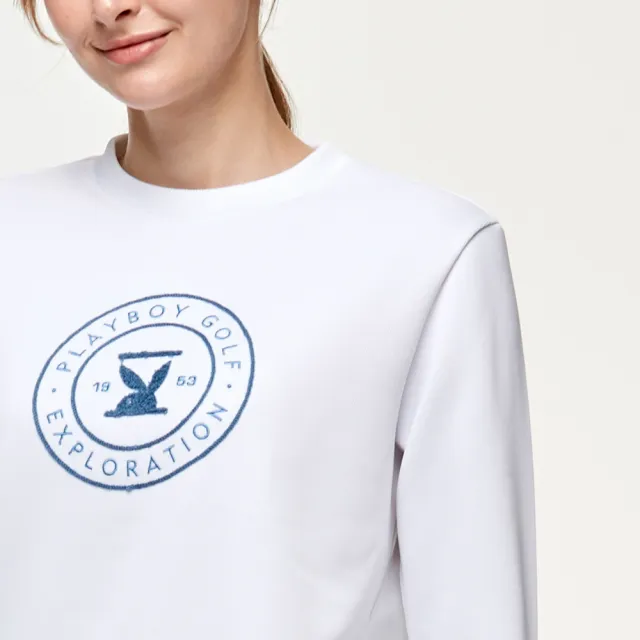 【PLAYBOY GOLF】女款LOGO美式學院風圓領長袖磨毛上衣-白(吸濕排汗/蓄熱保暖/GOLF/高爾夫球衫/KA24230-73)