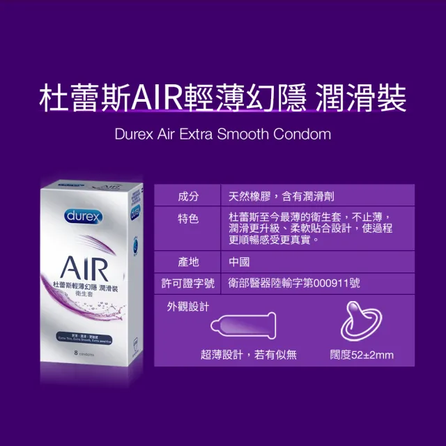 【Durex 杜蕾斯】AIR輕薄幻隱潤滑裝保險套8入x2(共16入-避孕套/衛生套/極致輕薄系列)