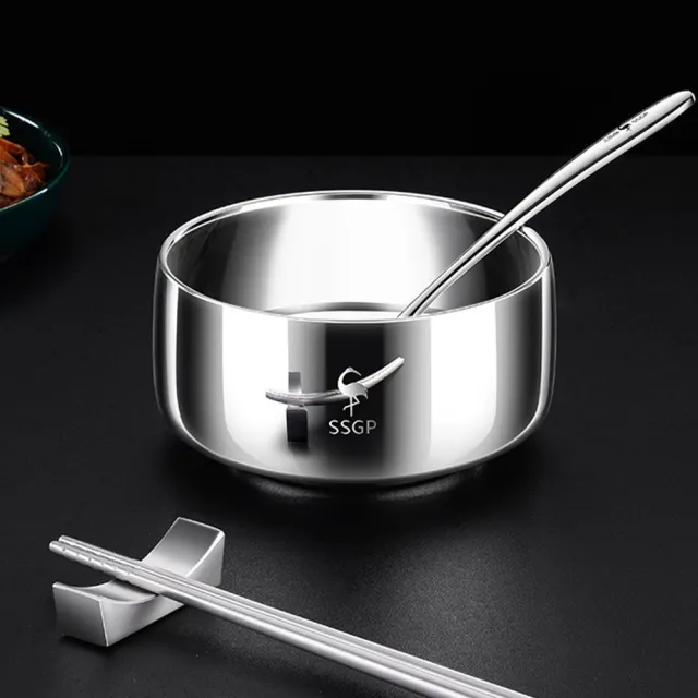 【PUSH!】廚房用品 316不銹鋼碗 12CM碗附湯匙 雙層隔熱飯碗  兒童碗防燙耐摔碗(碗 附湯匙12CM小號 E195)