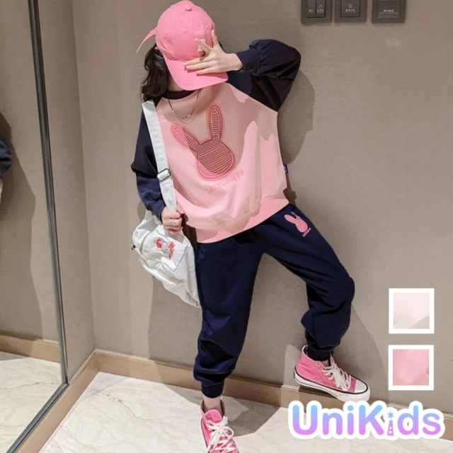 UniKids 中大童裝2件式套裝加絨長袖兔兔大學T休閒長褲 女大童裝 VPKKYS(粉加絨 白加絨)