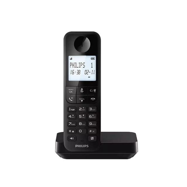 PHILIPS 飛利浦 D2701B 數位無線電話，輕巧便攜僅347g，尺寸16.5x14.5x6.3cm，中國原廠生產，配件包含底座，適用廣泛電壓110V~240V，1年保固，公司貨正品，提供清晰通話與穩定訊號，適閤家用辦公首選。